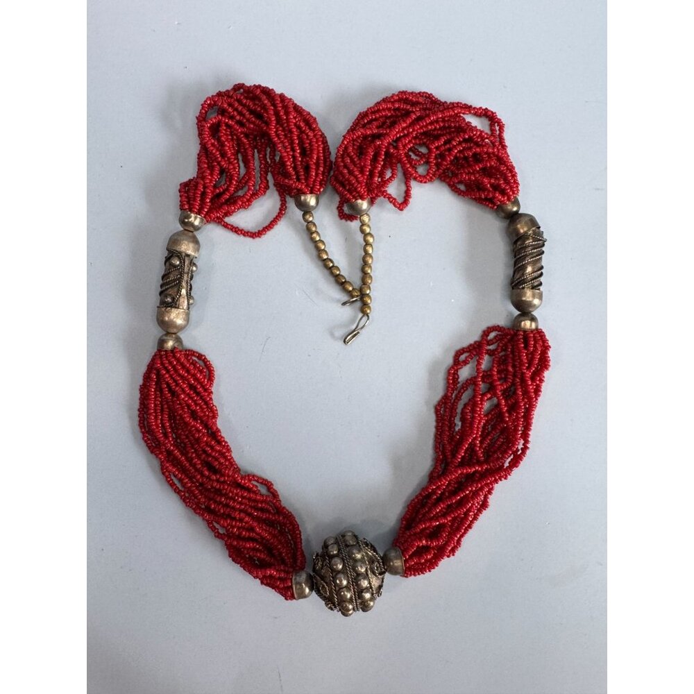 Vintage 1960s Tribal Red Coral Seed Beaded MultiStrand Necklace Oxidized Silver - Picture 8 of 8